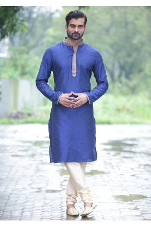 Blue With Golden Color Silk Fabric Kurta Set